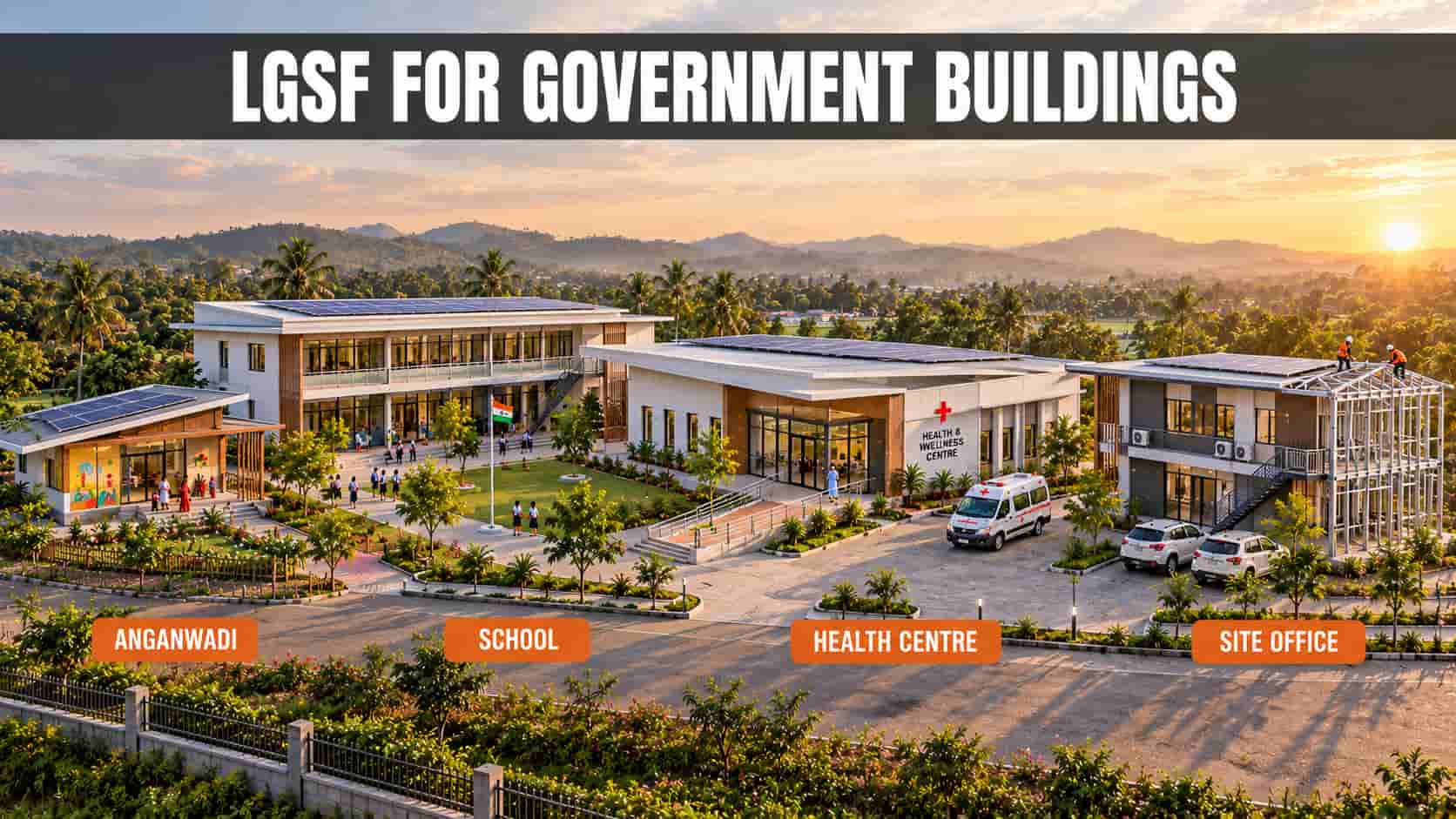 Modern LGSF government buildings in India: anganwadi, school, health centre and site office built with galvanised steel frame