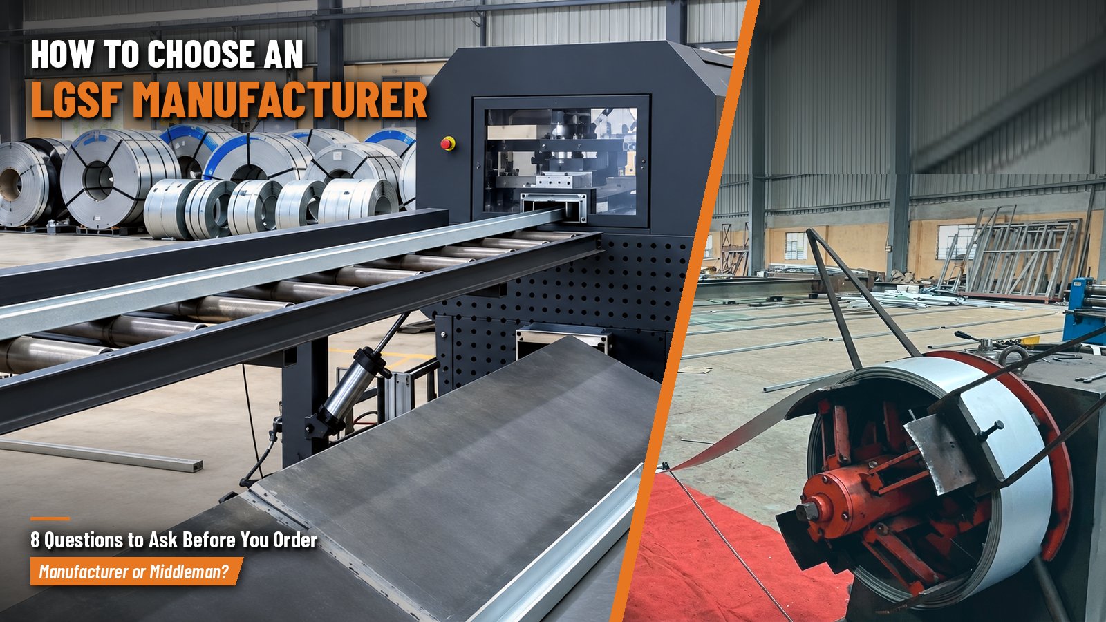 How to Choose an LGSF Manufacturer in India – roll-forming machine producing a light gauge steel C-section, with a steel coil on the decoiler at a factory in Howrah