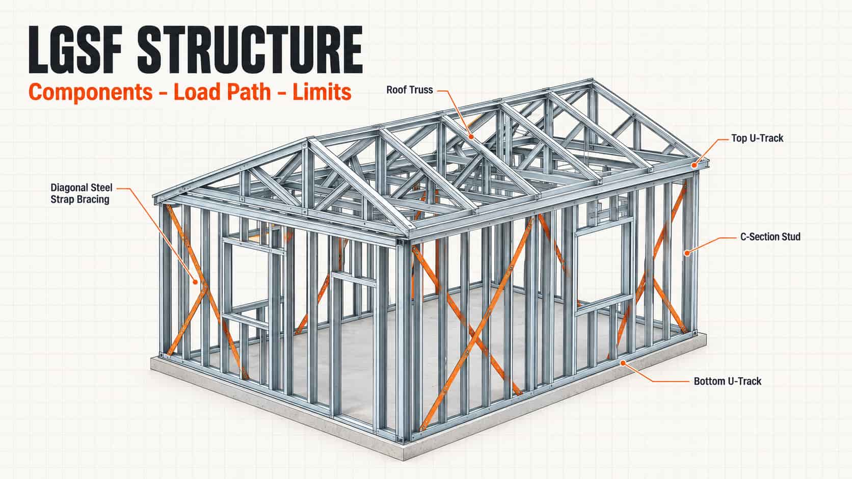 Cutaway diagram of an LGSF structure showing steel studs, tracks, bracing straps and roof trusses
