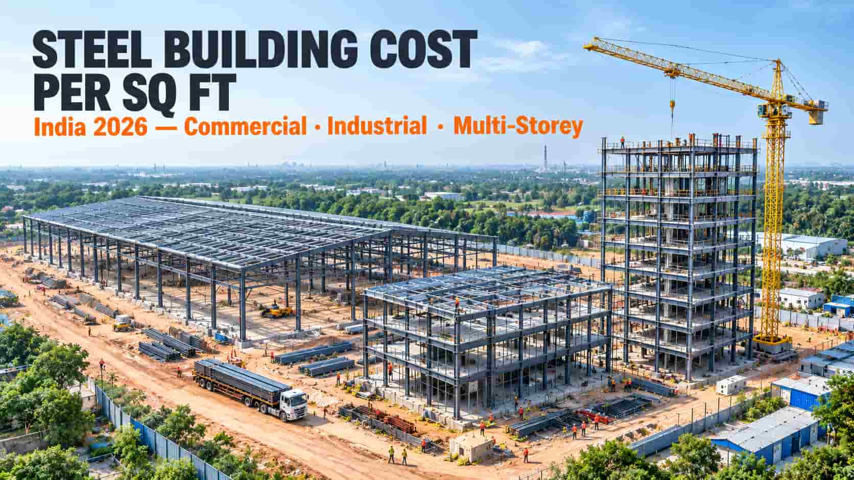 Aerial daytime view of a large steel construction site in India featuring a factory shed, multi-storey steel building frames, a tower crane, workers, and trucks carrying steel beams. Headline: “Steel Building Cost Per Sq Ft — India 2026: Commercial, Industrial & Multi-Storey.