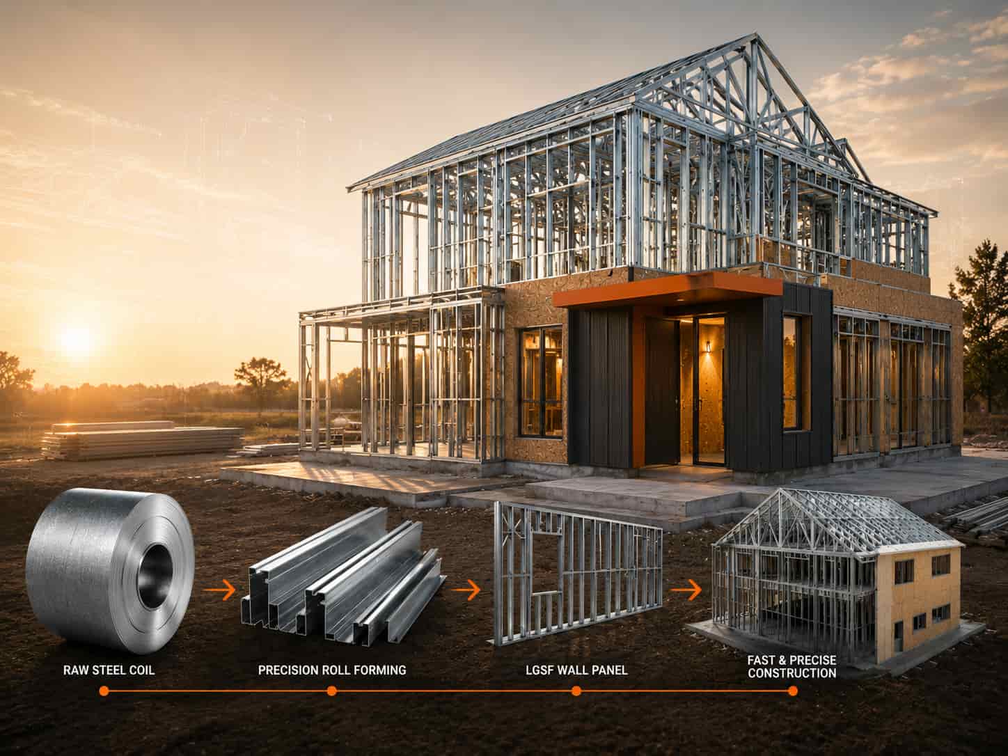 Light Gauge Steel Framing (LGSF) house under construction showing steel framing, precision roll-formed profiles, and the LGSF construction process.