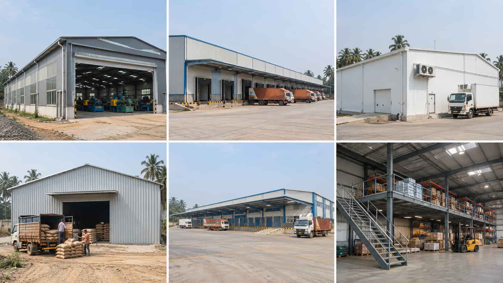 Six types of industrial steel buildings in India: factory shed, prefabricated warehouse, cold storage, godown, logistics centre and mezzanine floor