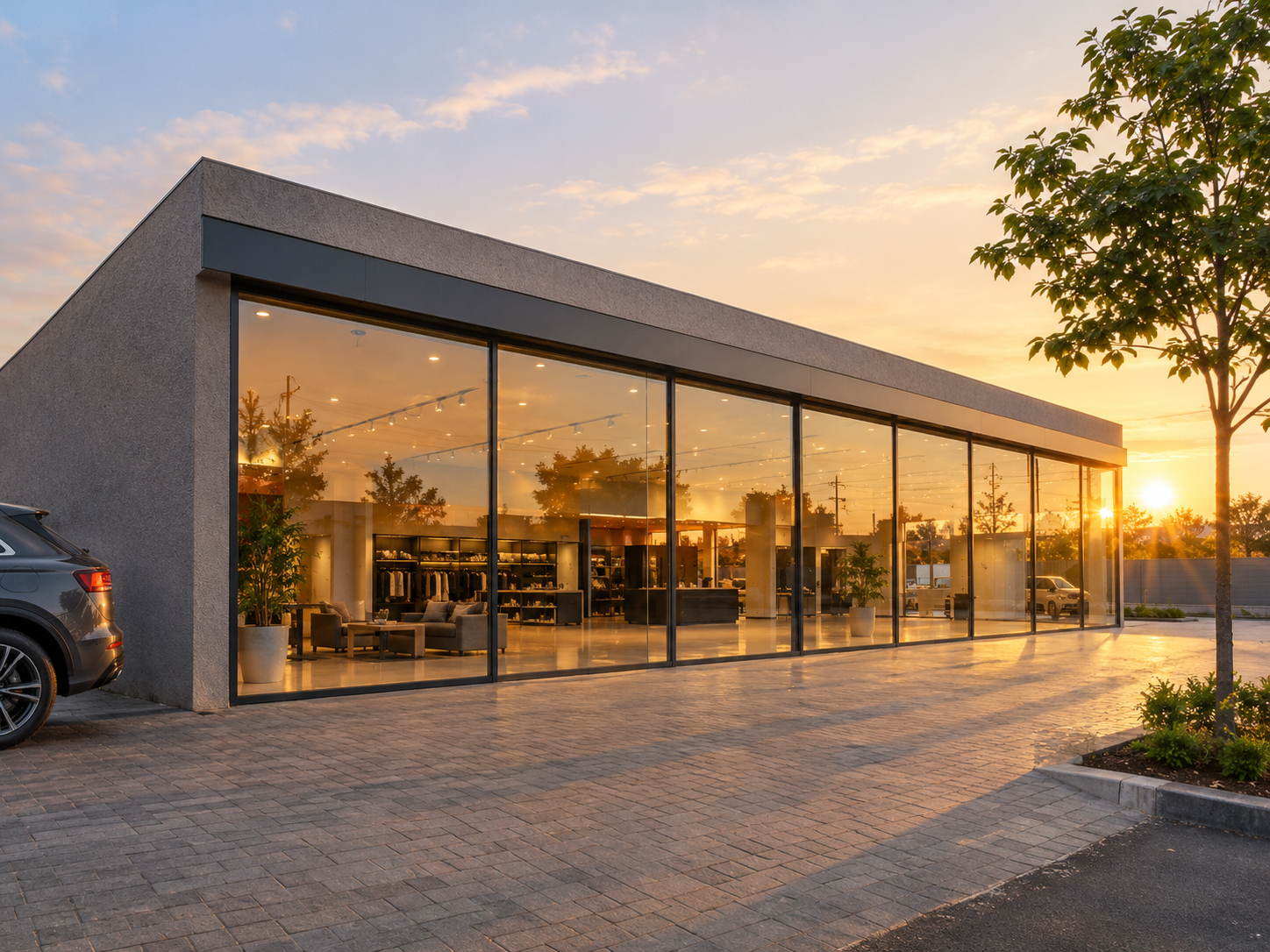 Prefab showroom with full-height glazed frontage framed in light gauge steel