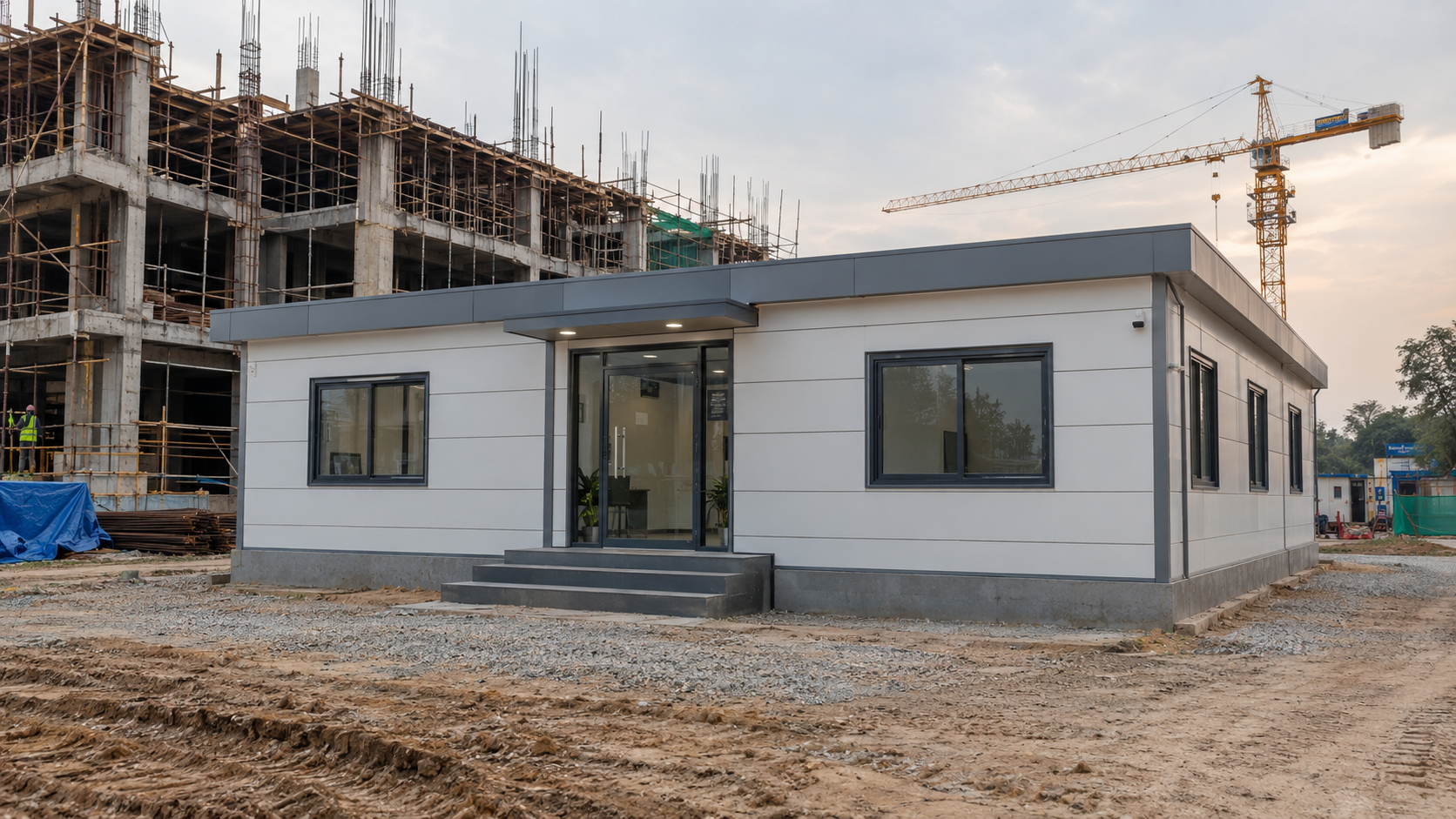 Prefabricated LGSF site office on an active construction site