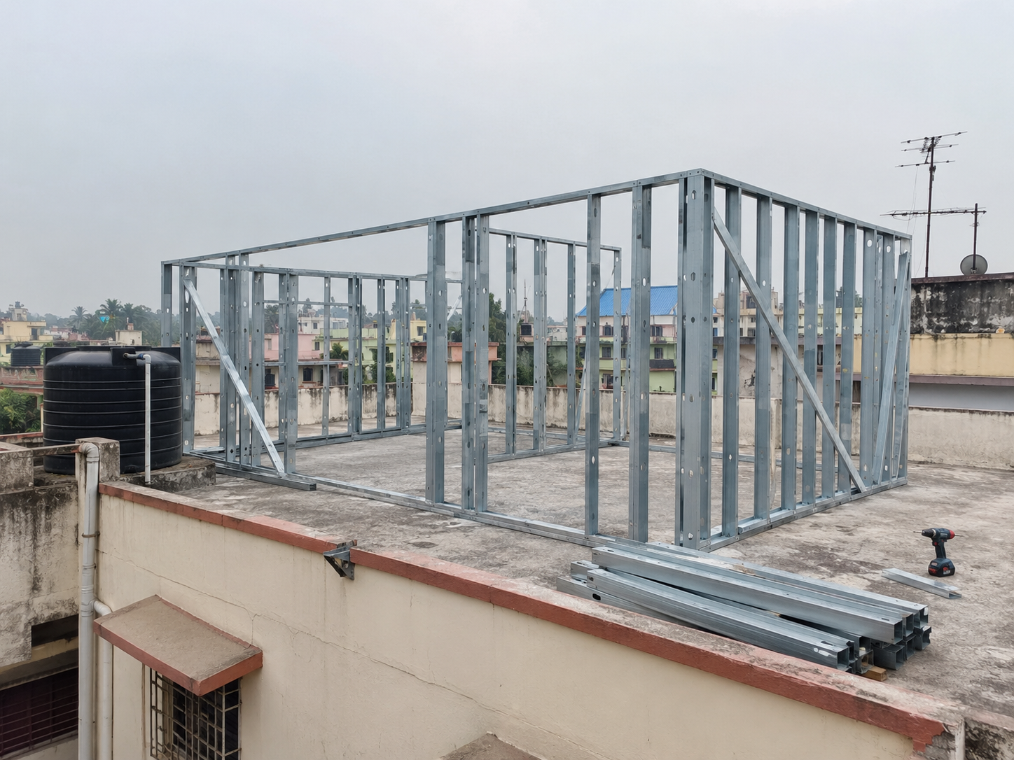 Galvanised light gauge steel frame erected on an existing rooftop slab for an extra floor