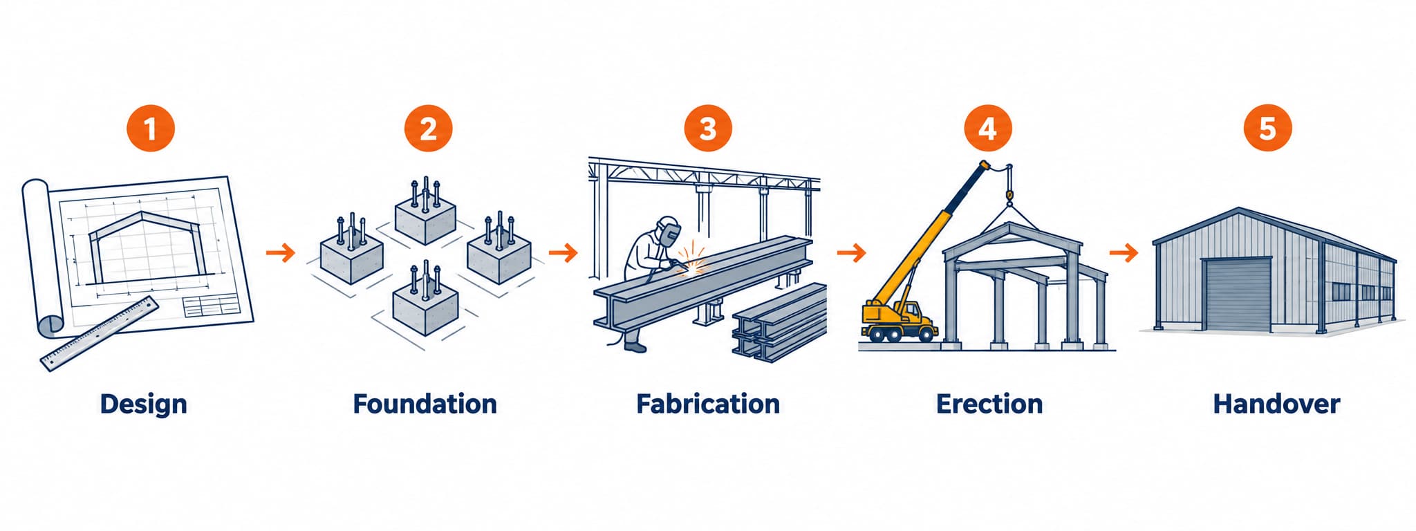 Five-stage factory shed construction process from design to foundation, fabrication, erection and handover