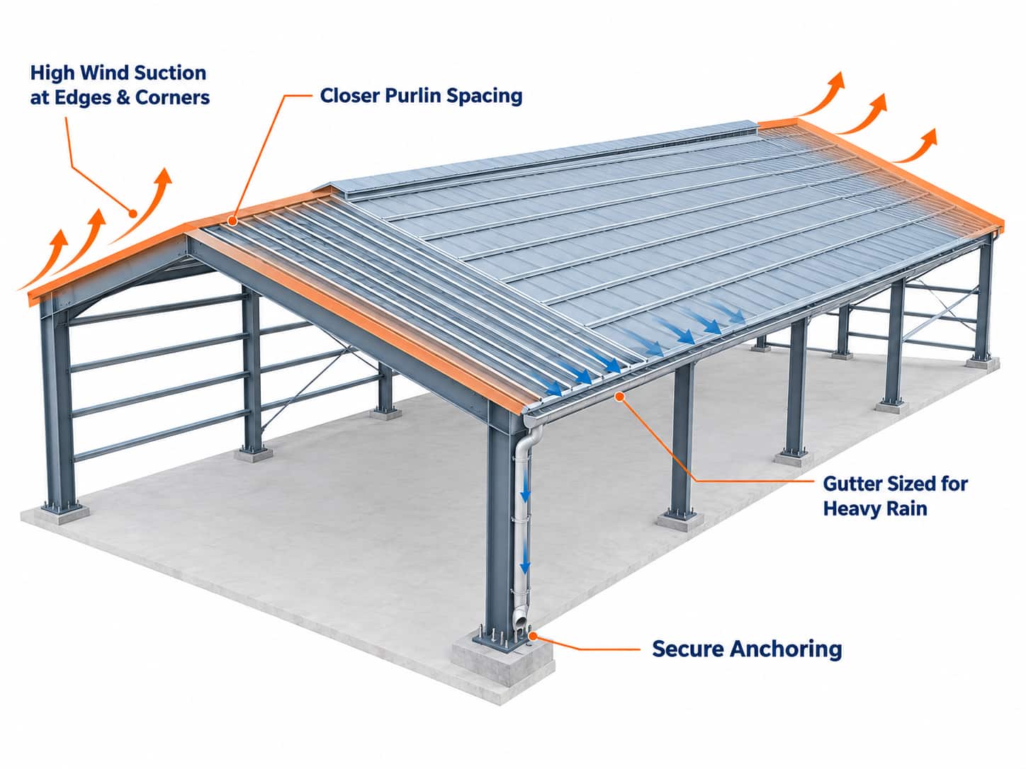 Diagram of a steel factory shed roof showing high wind suction zones at edges and corners, closer purlin spacing, and a large gutter for monsoon rain