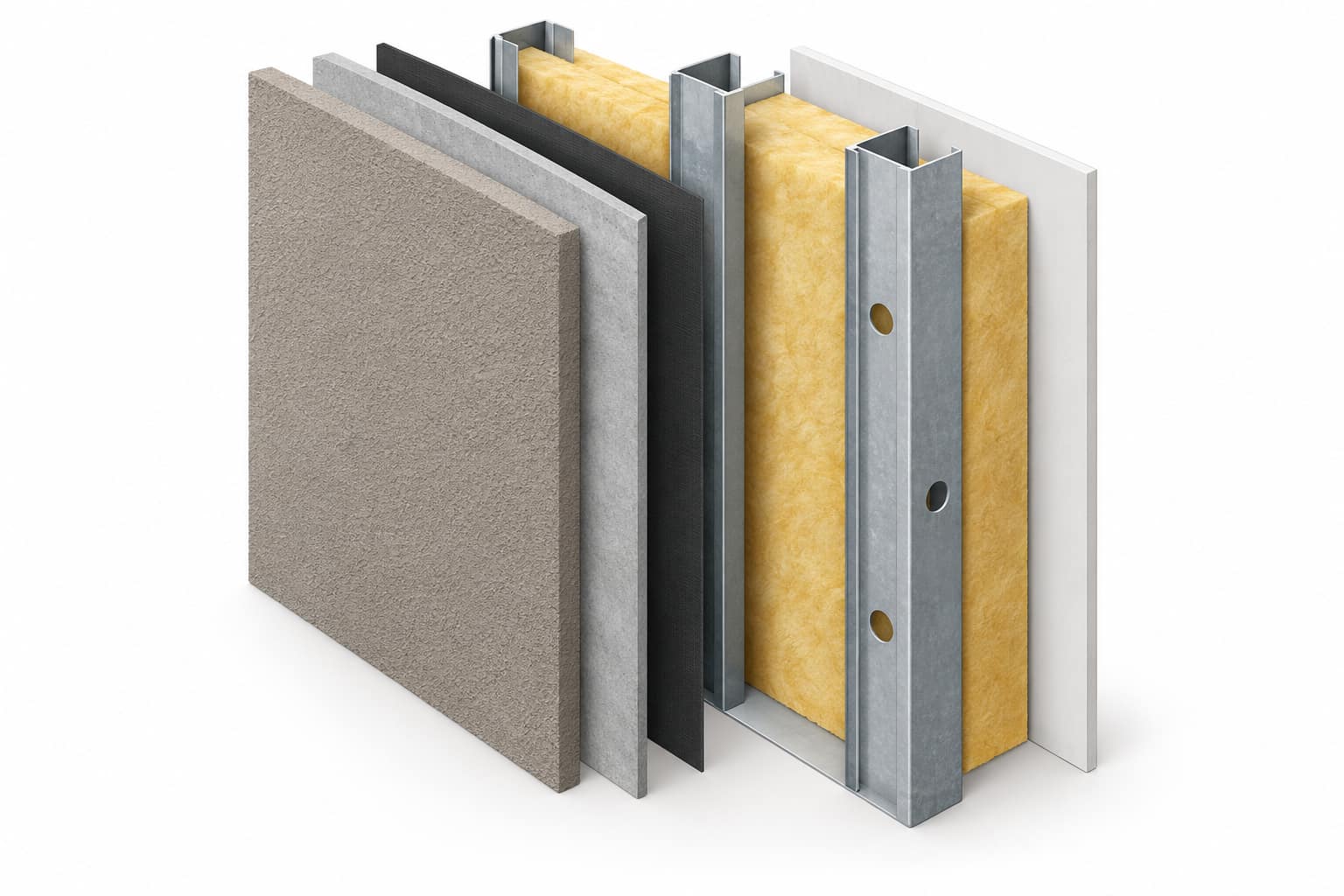 Cross-section of an LGSF external wall showing render finish, sheathing board, weather barrier, galvanised steel studs with punched service holes, cavity insulation and internal gypsum board