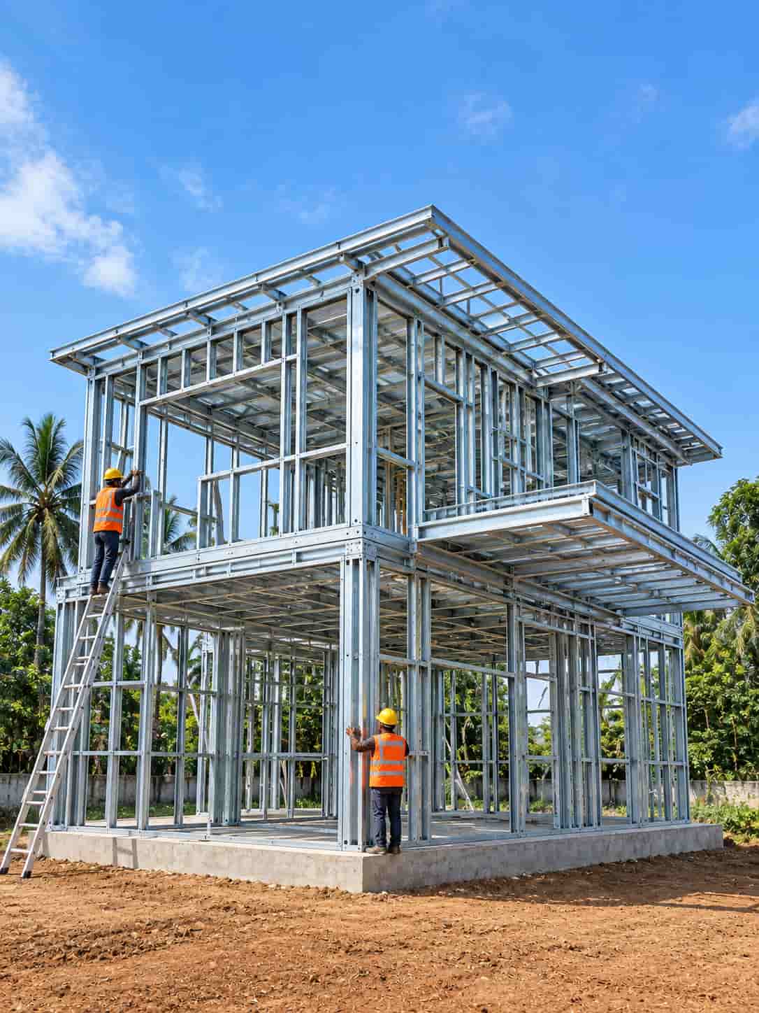Workers assembling a modern two-storey light gauge steel frame (LGSF) building on site in India