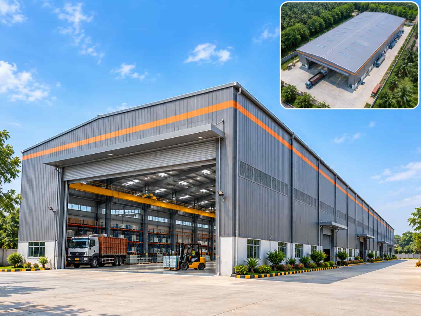 Steel factory shed and warehouse shown from ground level with an aerial top view of the roof and yard