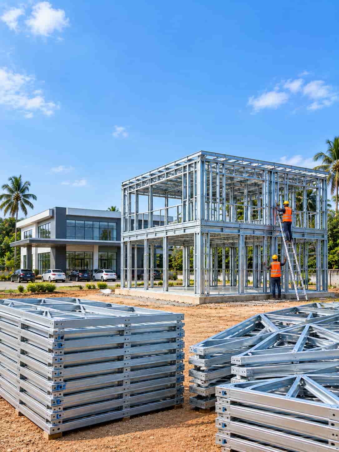 Three stages of LGSF construction: delivered steel panels, a steel frame being erected and a finished modern building