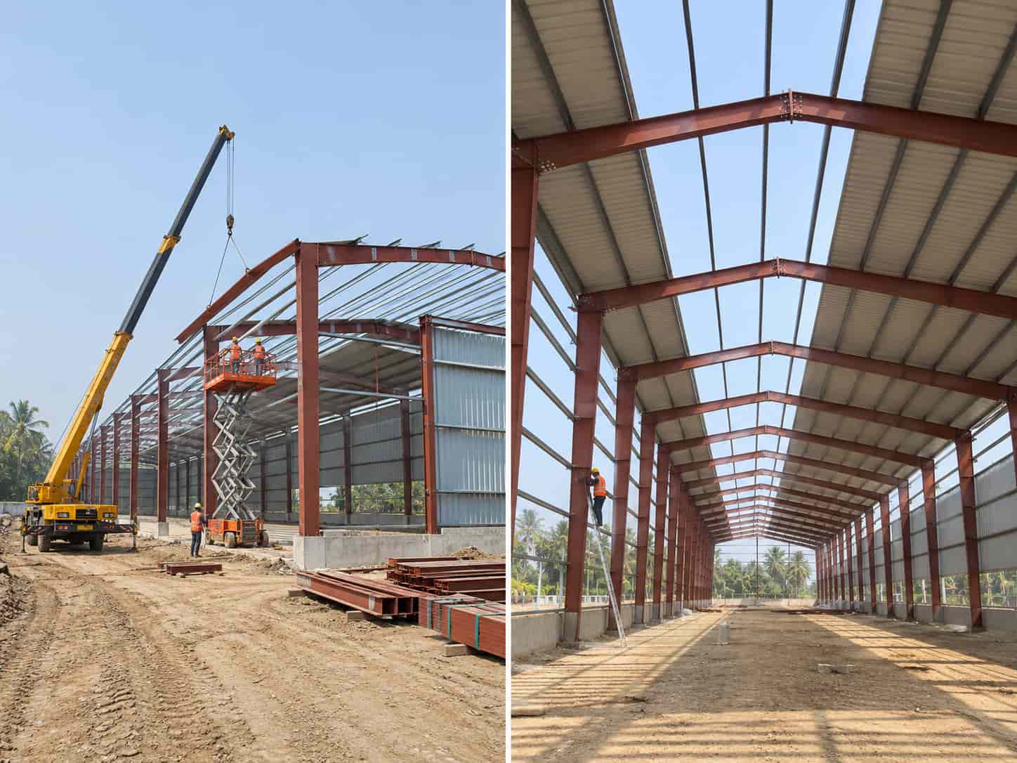 Pre engineered steel building under construction in India, shown from outside with a crane lifting a rafter and from inside with tapered steel frames