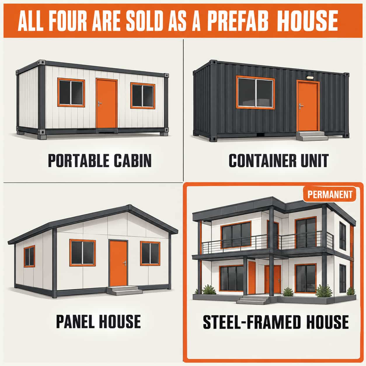 Portable cabin, container unit, panel house and steel-framed house compared