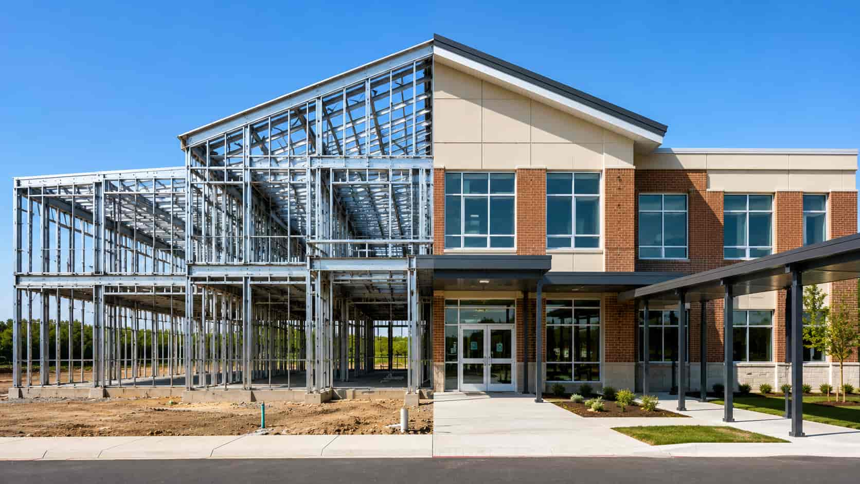left half shows the bare steel structural frame under construction, right half shows the same building fully completed with facade, windows, and walkway canopy, daytime light. school building split view, half steel frame construction, half finished facade completed, seamless transition, daytime,