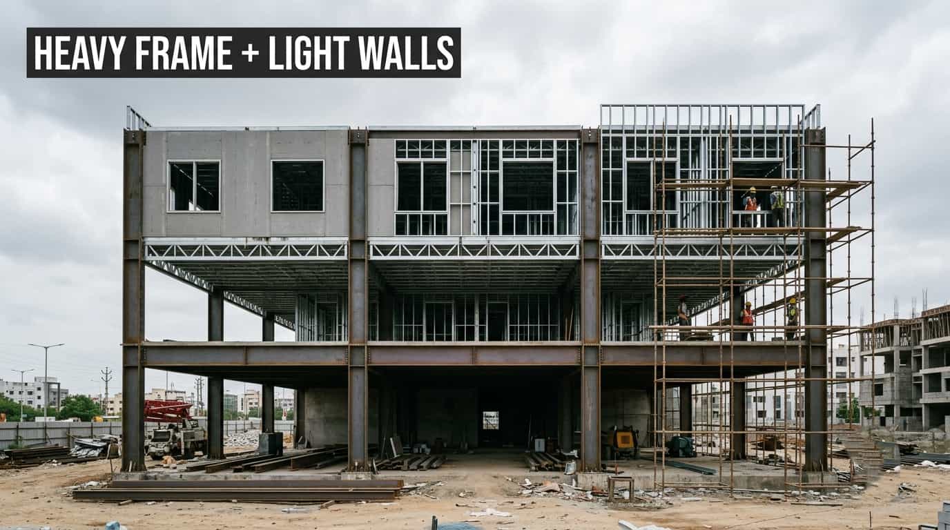 Hybrid steel building with heavy steel primary frame at ground level and light gauge steel framing above
