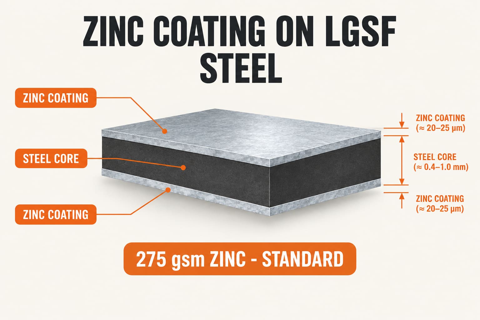 Cross-section of galvanised LGSF steel showing the zinc coating layer over the steel core