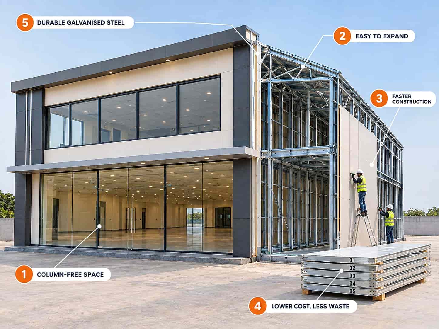 LGSF commercial building by Jadro Steel showing five advantages: column-free space, easy expansion, faster construction, lower cost with less waste, and durable galvanised steel.