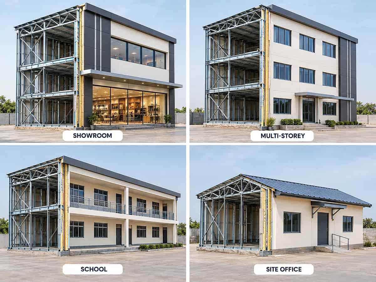 LGSF commercial buildings shown half framed and half finished: a showroom, a multi-storey office, a school and a site office built with galvanised light gauge steel framing by Jadro Steel.
