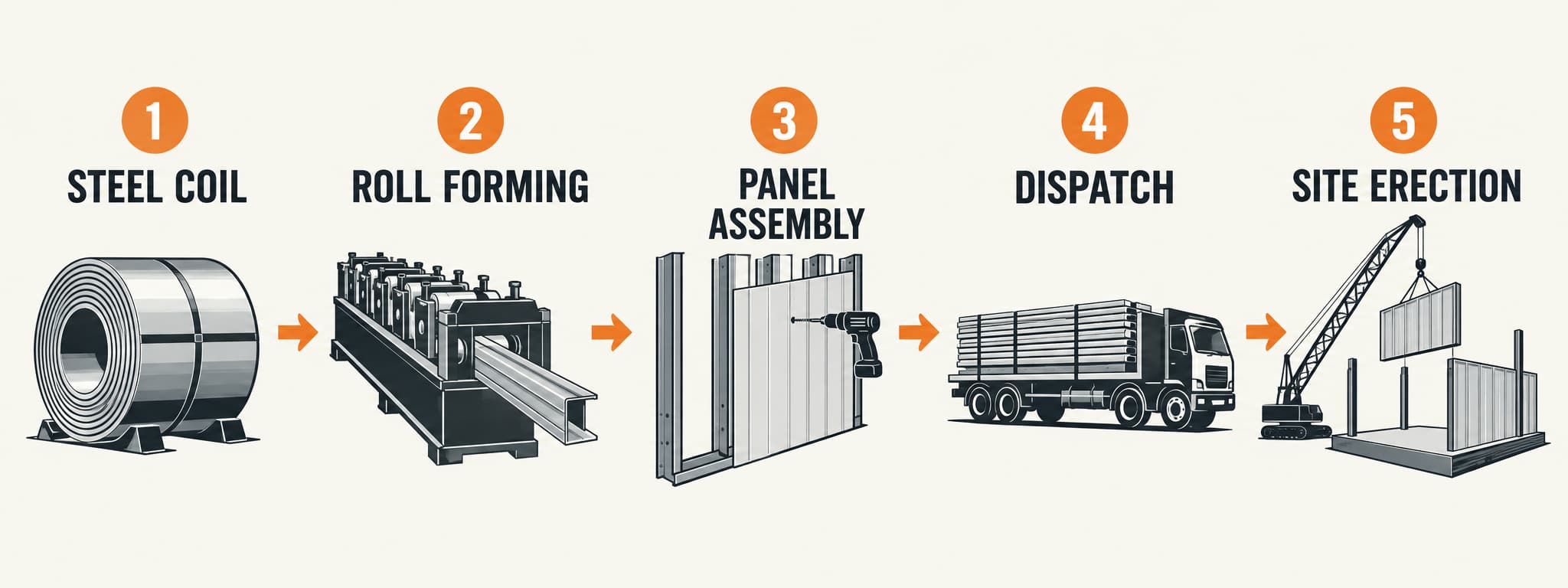 Five-step LGSF manufacturing process from steel coil to roll forming, panel assembly, dispatch and site erection