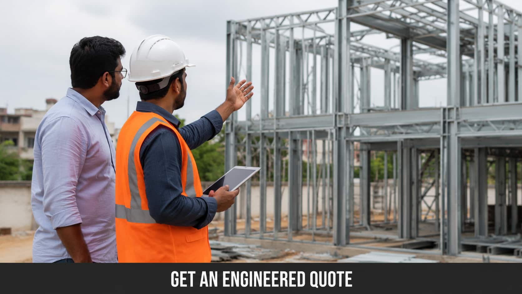 Site engineer discussing an LGSF project quotation with a client at a construction site