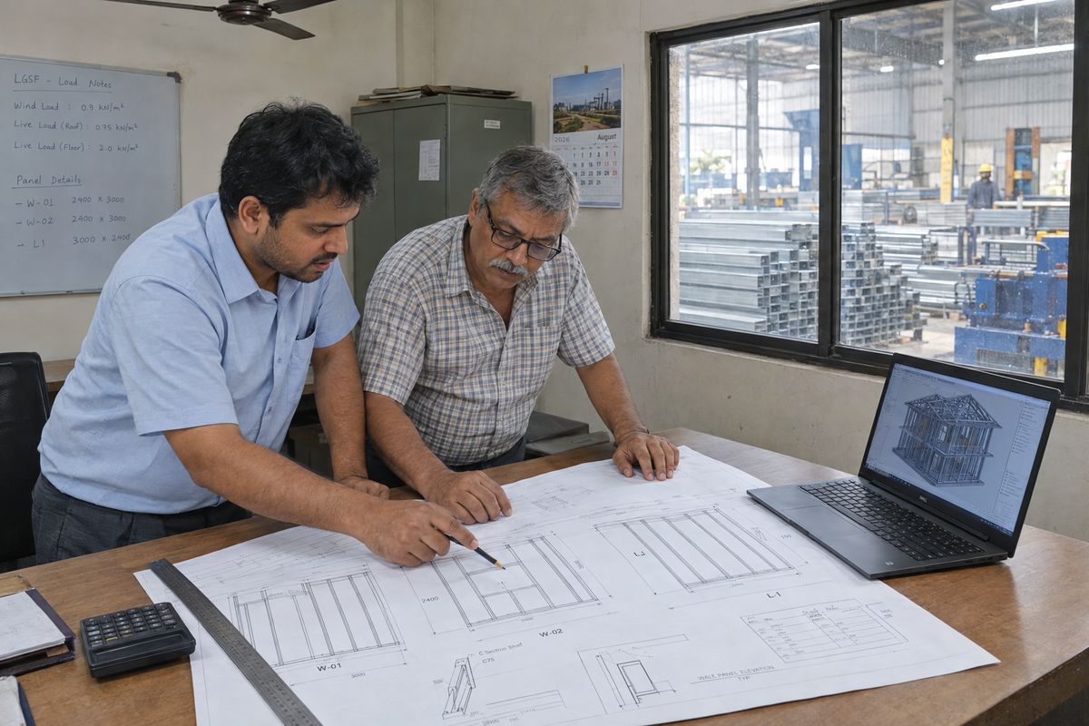 Engineers reviewing LGSF structural drawings and panel numbering before fabrication begins