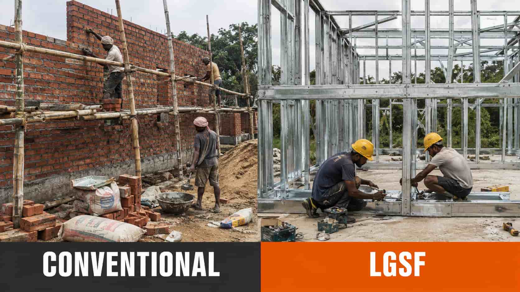 Brick masonry construction on the left compared with LGSF steel frame erection on the right