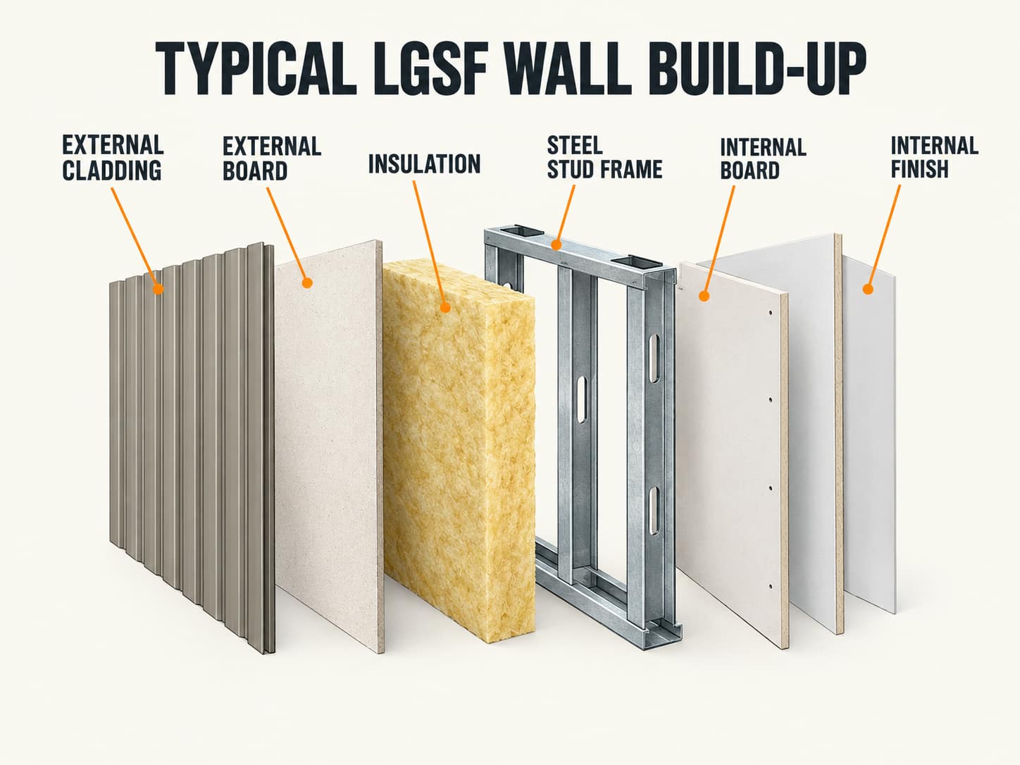 Typical LGSF wall build-up showing external cladding, board, insulation, steel stud frame and internal finish