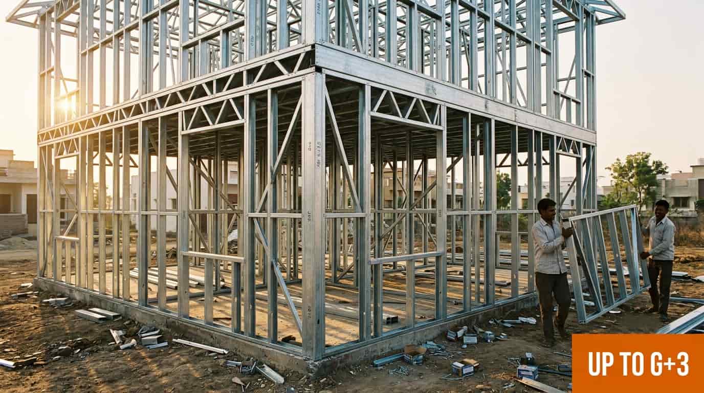 Two-storey light gauge steel framing house structure with workers lifting a wall panel by hand