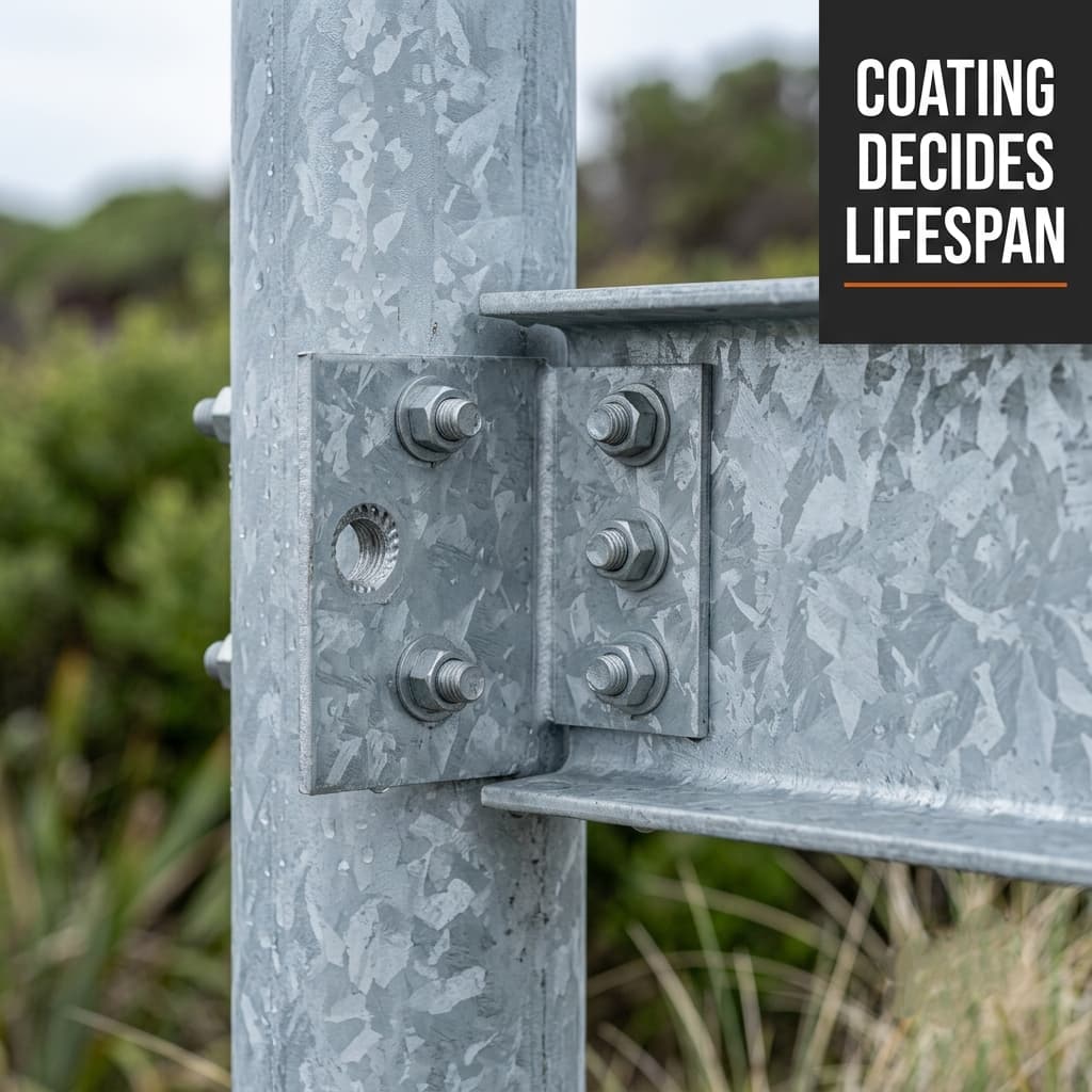 Close-up of a galvanized bolted steel connection showing zinc coating and water droplets in a humid coastal setting