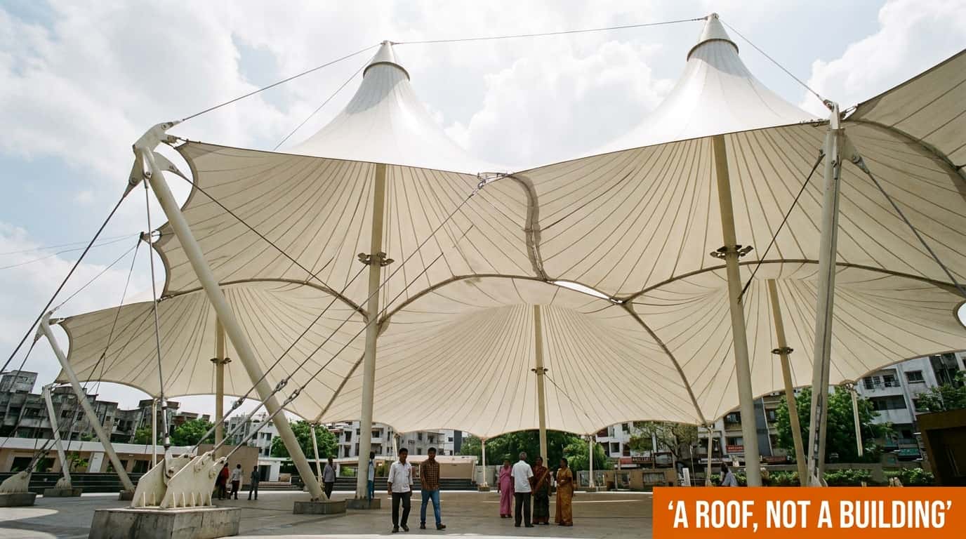 Tensioned membrane canopy supported on steel masts and cables over an open public area
