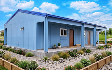 Single-storey LGSF site office in blue steel cladding with covered veranda