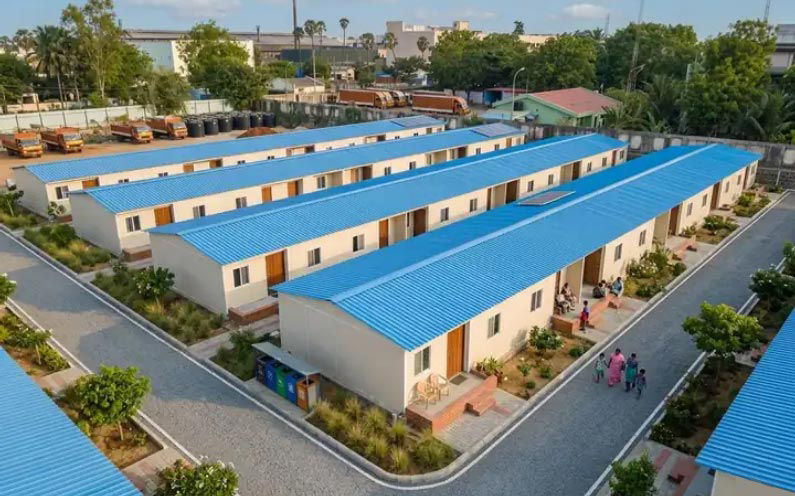 Aerial view of LGSF mass housing blocks with blue roofs arranged around internal roads