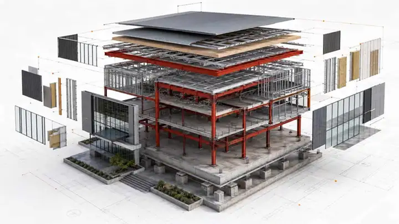 Exploded view of a multi-storey hybrid steel building